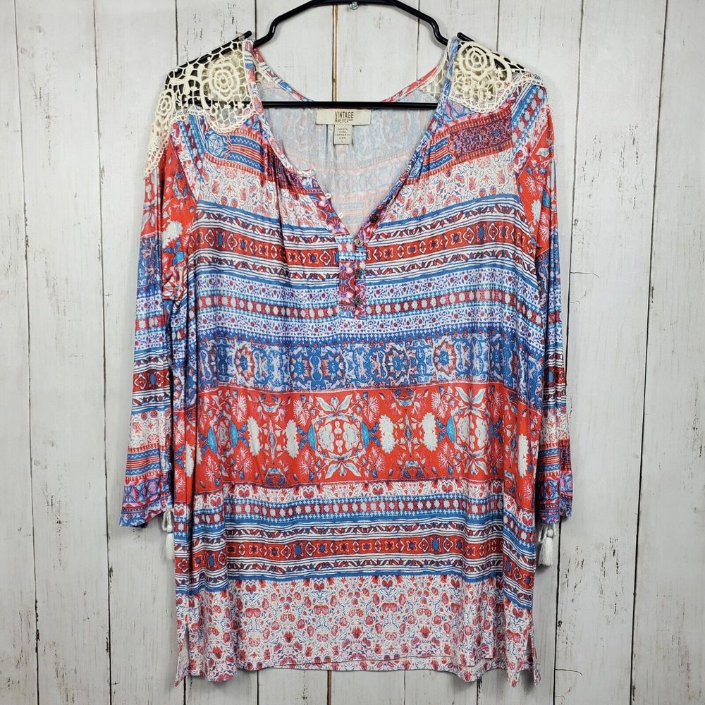 Vintage America Rose Of Sharon Combo Blouse Women’s Size Large Long Sleeve